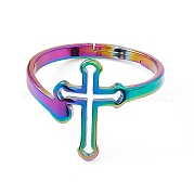 Ion Plating(IP) 201 Stainless Steel Hollow Out Cross Adjustable Ring for Women RJEW-K238-06M