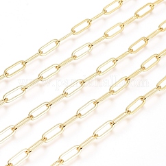 Chaînes de trombone en laiton, Ovale Plat, chaînes de câble allongées étirées, soudé, Plaqué longue durée, avec bobine, véritable 18k plaqué or, 12x4x0.8mm, environ 16.4 pied (5 m)/rouleau