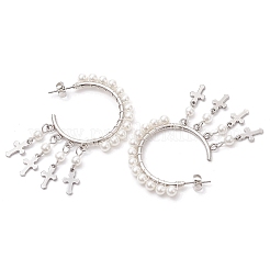 Boucles d'oreilles pendantes en forme de croix avec nacre et perle&nbsp;EJEW-JE06185-02