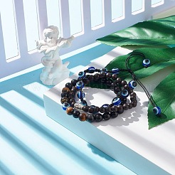 3 pièces 3 styles obsidienne naturelle et oeil de tigre et bois ensemble de bracelets extensibles&nbsp;BJEW-JB07622