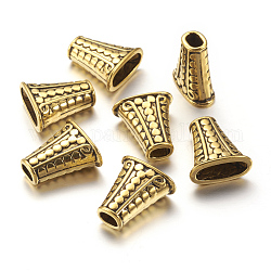 Abalorios de conos de aleación de estilo tibetano, para borlas colgante, oro antiguo, sin plomo, sin cadmio y níquel, trapezoide, tamaño: aproximamente 17 mm de ancho, 18 mm de largo, 9 mm de espesor, agujero: 4 mm
