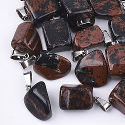 Acajou naturel pendentifs en obsidienne, avec cliquet en acier inoxydable, pépites, 15~35x10~20x5~15mm, Trou: 3x7.5mm