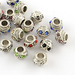 Barile argento antico placcato perline europei strass lega metallica, perline con foro grande, colore misto, 10~11x9mm, Foro: 5 mm