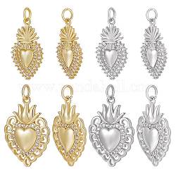 Beebeecraft 8Pcs 4 Style Rack Plating Brass Micro Pave Cubic Zirconia Pendants, Sacred Heart Charm, Long-Lasting Plated, with Jump Rings, Cadmium Free & Lead Free, Real 18K Gold Plated & Real Platinum Plated, 22.5~23x12.5~16x2.5mm, Hole: 3mm, 2pcs/style