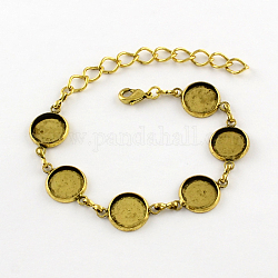 Flat Round Tray Brass Link Bracelet Making, with Allloy Lobster Claw Clasps and Iron Twisted Chains, Antique Golden, Tray: 12mm, 235mm