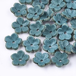 5-Blütenblatt umweltfreundliche Rindsleder Perlenkappe, Blume, Kadettenblau, 13x13x3.5 mm, Bohrung: 1.6 mm