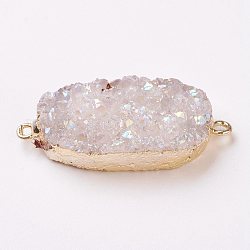 Electroplate Natural Druzy Quartz Crystal Links connectors, with Brass Findings, Oval, Golden, 37~40x15~18x5~10mm, Hole: 3mm