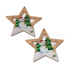 Thème de noël gros pendentifs en bois naturel, étoile avec bonhomme de neige et mot joyeux noël, colorées, 101~106x105~107x3mm, Trou: 3mm