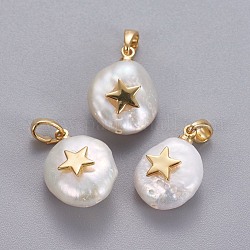 Pendentifs de perles d'eau douce de culture naturelle, avec les accessoires en laiton, pépites avec étoile, Plaqué longue durée, or, 17~27x12~16x6~12mm, Trou: 4x2.5mm