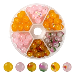 90pcs 6 perles de verre peintes à la bombe, ronde, couleur mixte, 8x7.5mm, Trou: 1.4mm, 15 pièces / style