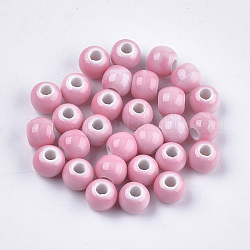 Perles en porcelaine manuelles, style de porcelaine émaillée lumineux, ronde, rose, 6~7x5.5~6mm, Trou: 2~2.5mm