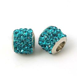Rhinestone European Clay Beads, Large Hole Beads, with Double Brass Cores, Grade A, Rondelle, Platinum Metal Color, Blue Zircon, 9x8mm, Hole: 4mm