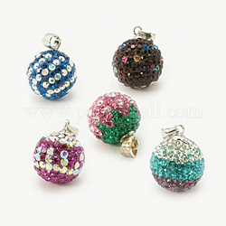 Austrian Crystal Polymer Clay Pendants, with Sterling Silver Findings, Round, Mixed Color, 14mm, Hole: 3x4mm