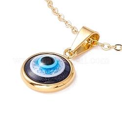 Collier pendentif rond plat au chalumeau avec mauvais œil avec 304 chaînes de câble en acier inoxydable pour les femmes, or, bleu, 18.1 pouce (46 cm)