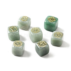 7 pièces 7 styles de perles d'aventurine vertes naturelles, avec des tranches de motif de chakra en laiton doré plaqué de longue durée, sans plomb et sans cadmium, sans trou, cube, 15.5~18x15~17x14.5~17mm, 1pc / style