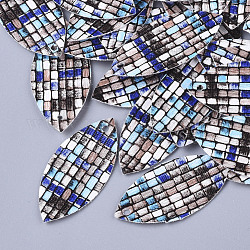 Ciondoli in pelle, motivo a mosaico su un solo lato, occhio di cavallo, blu, 40x19x0.5mm, Foro: 2 mm
