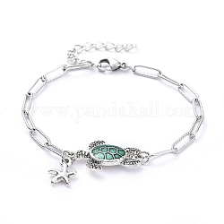 Charm Bracelets, with Alloy Starfish Charms and Alloy Enamel Sea Turtle Links, 304 Stainless Steel Paperclip Chains and Lobster Claw Clasps, Stainless Steel Color, 7-1/2 inch(19.2cm)