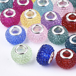 Perles européennes en résine avec strass, Perles avec un grand trou   , en laiton de tonalité de platine noyaux doubles, rondelle, perles baies, couleur mixte, 14x10mm, Trou: 5mm