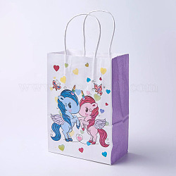 Sacs en papier kraft, avec poignées, sacs-cadeaux, sacs à provisions, rectangle, motif de cheval, support violet, 27x21x10 cm