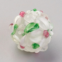 Perline murano fatto a mano, rondelle con fiore, accidentato, fumo bianco, 14~15x12~13mm, Foro: 1.5~1.8 mm