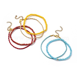 Glass Stretch Beaded Bracelets & Cotton Braided Cord Bracelet Sets, with Brass Beads and Zinc Alloy Lobster Claw Clasps, Golden, Mixed Color, 8-1/8 inch(20.5cm), Inner Diameter: 2-1/2 inch(6.3cm), 2pcs/set