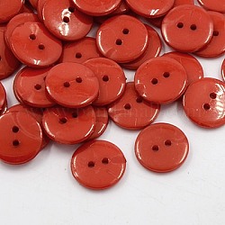 アクリル縫い付け用ボタン  衣装デザインのためのプラスチックボタン  2穴  染め  フラットラウンド  暗赤色  15x2mm  穴：1mm