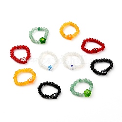 Окрашенные натуральные малайзийские нефритовые бусины rondelle растягивающиеся кольца, со стеклянными цветочными бусинами, граненые, разноцветные, размер США 7 1/4~8 (17.5~18 мм)