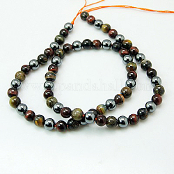 Natural Tiger Iron & Synthetic Hematite Beads Strands, Dyed & Heated, Round, Saddle Brown, 8mm, Hole: 1mm, about 49pcs/strand, 15.7 inch