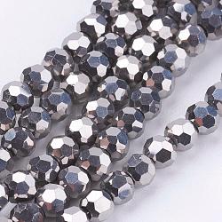 Fili di perle di vetro placcato, sfaccettato (32 sfaccettatura), tondo, Argento Placcato, 4mm, Foro: 0.5 mm, circa 100pcs/filo, 14.2 pollice