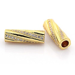 Brass Micro Pave Cubic Zirconia Curved Tube Beads, Bling CZ Beads, Golden, 19x6mm, Hole: 3.5mm