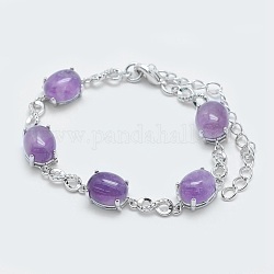 Natural Amethyst Link Chain Bracelets, with Brass Findings, Real Platinum Plated, Oval and Infinity, 5-3/4 inch~6 inch(14.5~15cm)