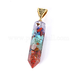 Chakra Theme Mixed Gemstone Pendants, Faceted Bullet Charm, with Gloden Tone Alloy Findings, Hexagon Pattern, 45x10mm