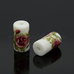 Fleurs imprimés acrylique opaque perles de colonne, blanc, 16x9mm, Trou: 2mm