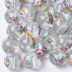 Perle di vetro trasparenti stampate e verniciate a spruzzo, tondo con motivo floreale, chiaro, 10~10.5x9.5mm, Foro: 1.6 mm