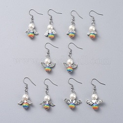 Boucles d'oreilles ange, avec perle de verre, accessoires en alliage de style tibétain, perles de résine à rayures et 316 crochets de boucle d'oreille en acier inoxydable chirurgical, couleur mixte, 45~48mm, pin: 0.7 mm