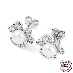 Orecchini a bottone con fiore di zirconi cubici e perle naturali, 925 orecchini in argento sterling rodiato da donna, platino, 12x13mm