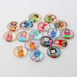 Russian Girl Doll Printed Glass Cabochons, Half Round/Dome, Mixed Color, 18x5mm
