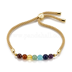 Bijoux chakra, bracelets réglables avec cordon en nylon, bracelets bolo, avec des perles de pierres précieuses naturelles et synthétiques et des accessoires en laiton, or, kaki clair, diamètre intérieur: 2-5/8 pouce (6.7 cm), perle de curseur: 8x5.5mm
