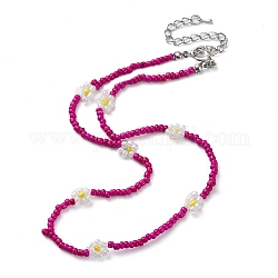 Glass Flower Beaded Necklace, Medium Violet Red, 15.91 inch(40.4cm)