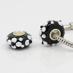 Flower Pattern Glass Handmade Lampwork Large Hole European Charm Beads, with Single Silver Color Cupronickel Core, Rondelle, Black, Size: about 14mm in diameter, 8mm thick, hole: 4.5mm