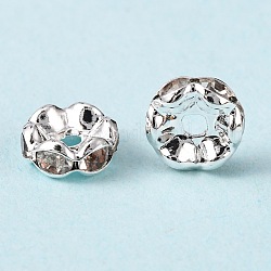 Abalorios de latón Diamante de imitación espaciador, Grado A, borde ondulado, color plateado, rerondana plana, cristal, 8x3.8mm, agujero: 1 mm
