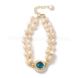 Bracelet multi-rangs double couche en perles naturelles, avec maillons ronds plats en zircone cubique, véritable 14k plaqué or, 7 pouce (17.7 cm)