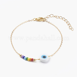 Evil Eye Lampwork Beaded Bracelets, with Round Glass Seed Beads and Brass Cable Chains, Golden, White, 7-1/4 inch(18.5cm)