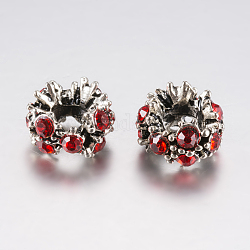 Perles européennes en alliage avec strass de style tibétain, Perles avec un grand trou   , fleur, argent antique, rouge, 12x8mm, Trou: 5mm