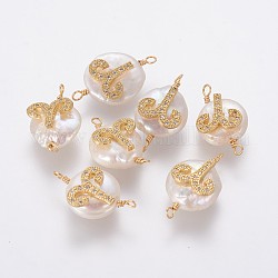Natürliche Perlenverbinder, mit Messing micro pave Zirkonia Zubehör, flach rund mit Konstellation / Sternbild, golden, Transparent, Widder, 20~26x9~17x5~11 mm, Bohrung: 1.6 mm
