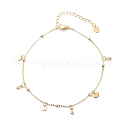 Brass Cable Chains Anklets, with 304 Stainless Steel Heart Charms and Brass Teardrop Pendants, Golden, 9