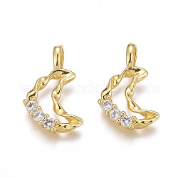 Brass Micro Pave Clear Cubic Zirconia Pendants, Long-Lasting Plated, Twist Moon, Real 18K Gold Plated, 16x9.5x2mm, Hole: 3mm