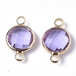 Glass Links, with Real 18K Gold Plated Brass Findings, Nickel Free, Faceted, Flat Round, Medium Purple, 17.5x10.5x4.5mm, Hole: 1.8mm