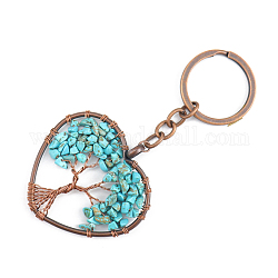 Porte-clés pendentif turquoise synthétique, avec accessoires en laiton et porte-clés en alliage, coeur avec l'arbre de la vie, 10.7 cm