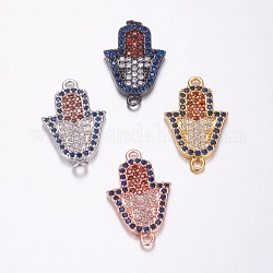 Brass Micro Pave Cubic Zirconia Links, Long-Lasting Plated, Lead Free & Cadmium Free, Hamsa Hand, Mixed Color, 19.5x12x2mm, Hole: 1.5mm
